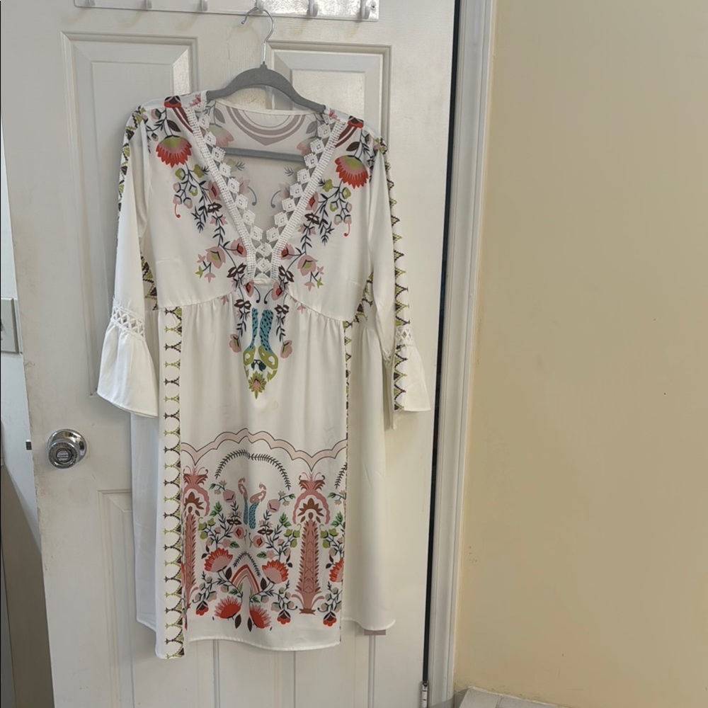 White Embellished Sundress with Bell Sleeves and Plunge Neckline